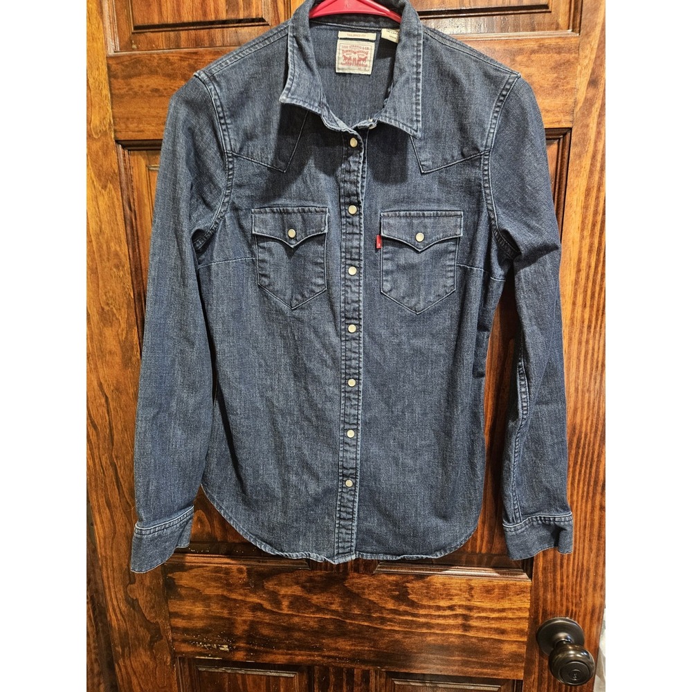 Levis Tailored Fit Denim Western Shirt Pearl Snaps Blue Retro Mens Small